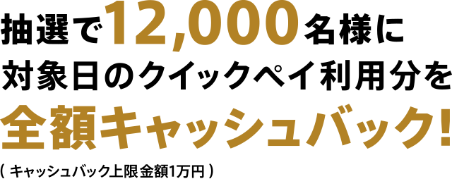 抽選で12,000名様に対象日のクイックペイ利用分を全額キャッシュバック!（ キャッシュバック上限金額1万円 ）