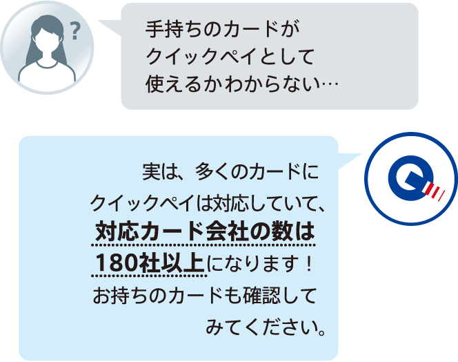 手持ちのカードがクイックペイとして使えるかわからない…日本で発行されているカードの約70%がクイックペイに対応しています!お持ちのカードも確認してみてください。